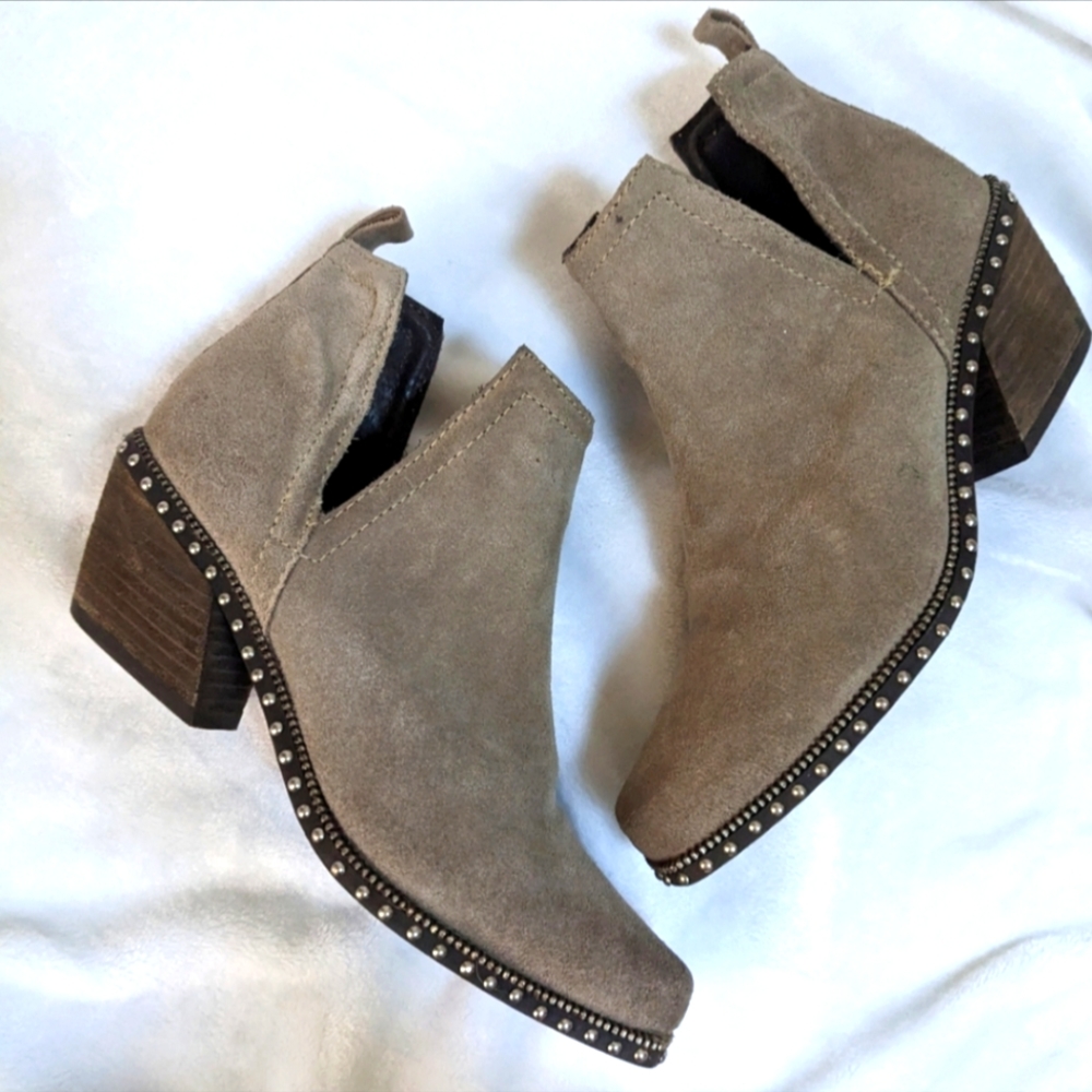 Jeffrey Campbell Distressed Tan Suede Embellished Western Flare Ankle Booties